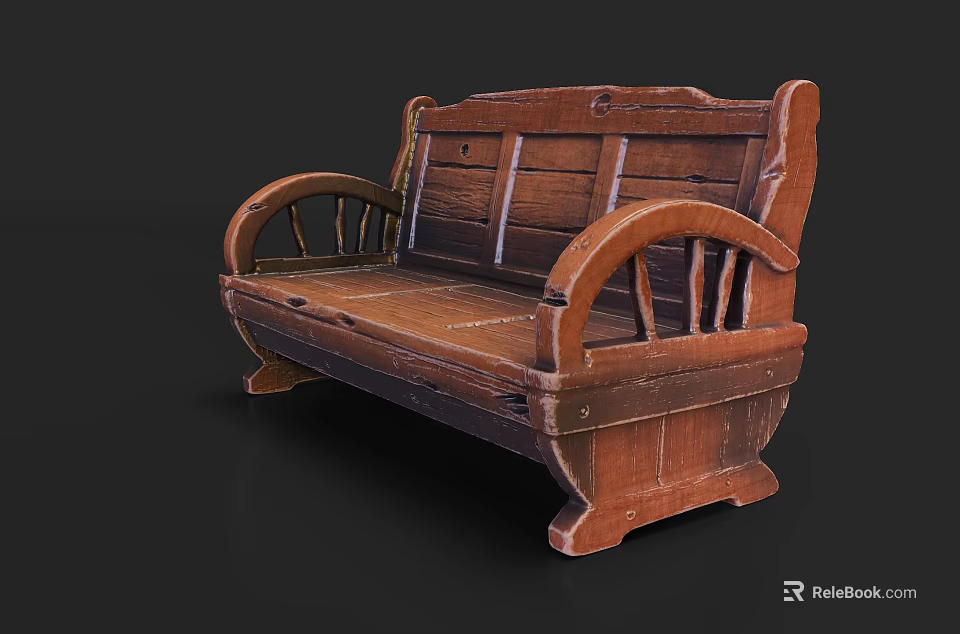 Rustic Wooden Outdoor Sofa with Curved Armrests and Classic Design Details 3d model 