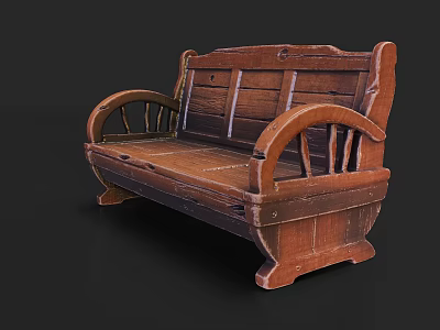 Rustic Wooden Outdoor Sofa with Curved Armrests and Classic Design Details 3d model