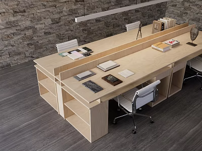 Modern Office Workspace With Light Wood Desk And Chair Set And Storage Shelves 3d model
