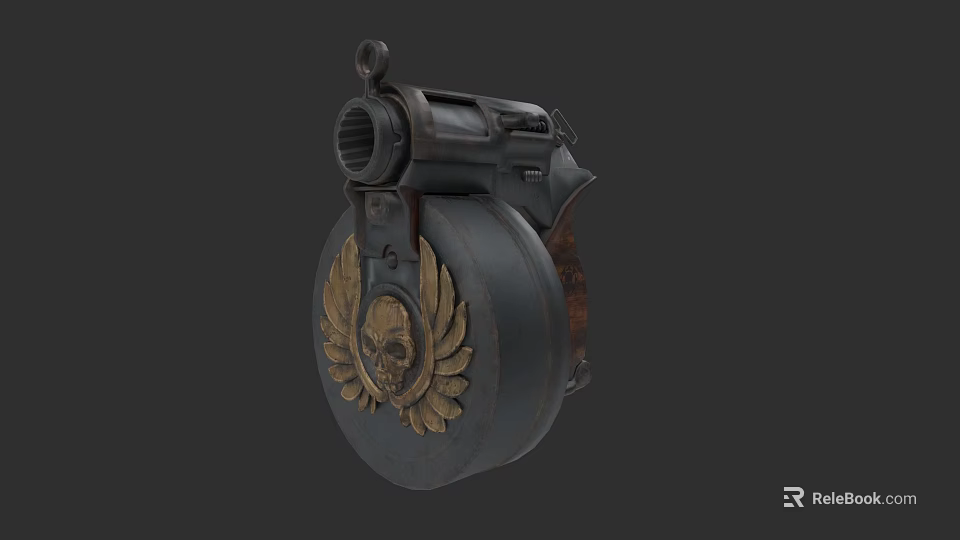 Vintage Revolver With Decorative Drum Magazine Featuring Golden Skull And Wings 3d model 