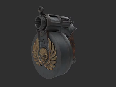 Vintage Revolver With Decorative Drum Magazine Featuring Golden Skull And Wings 3d model
