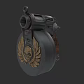 Vintage Revolver With Decorative Drum Magazine Featuring Golden Skull And Wings