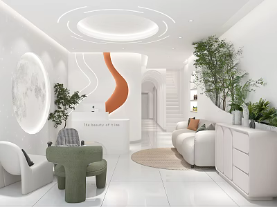 Modern White Minimalist Beauty Salon Reception Lobby Interior Design With Comfortable Furniture And Green Plants 3d model