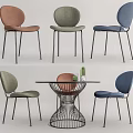 Modern Round Dining Table Set with Multicolored Chairs and Metal Mesh Base 3d model