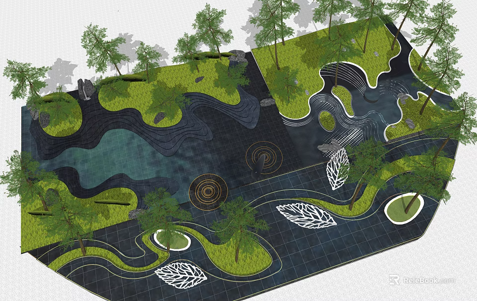 Creative Garden Ornaments Design with Trees Water Paths and Green Lawns 3d model 