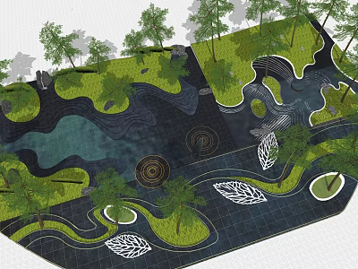 Creative Garden Ornaments Design with Trees Water Paths and Green Lawns 3d model