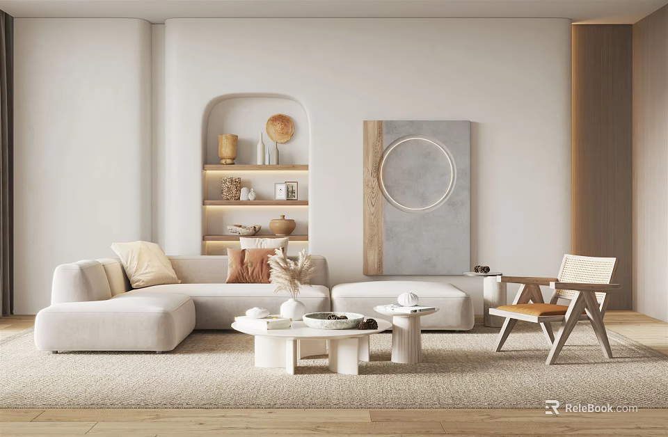 Modern Living Room Interior With Beige L-shaped Sofa Coffee Table Set Throw Pillows And Decor 3d model 