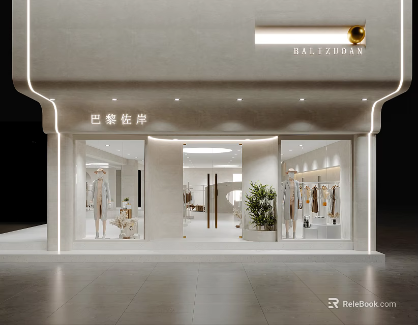 Elegant Modern Clothing Storefront Design With Sleek Lighting Window Display Mannequins And Green Plant 3d model 