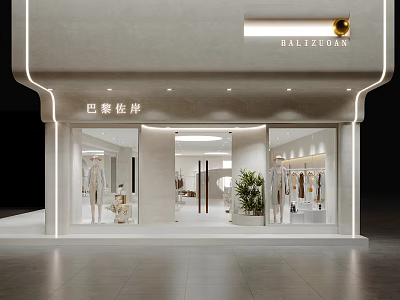 Elegant Modern Clothing Storefront Design With Sleek Lighting Window Display Mannequins And Green Plant 3d model