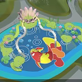 Kids Play Area With Lotus Shaped Structure Blue Water Lily Pads And Colorful Fish