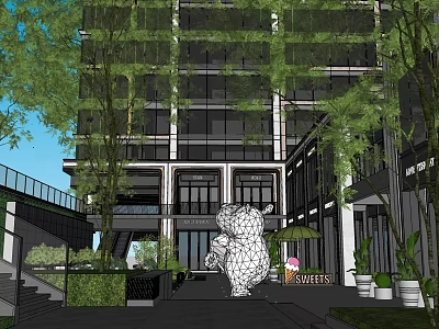 Modern Commercial Landscape With Glass Curtain Wall Building Greenery And Outdoor Space 3d model