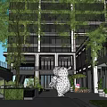 Modern Commercial Landscape With Glass Curtain Wall Building Greenery And Outdoor Space