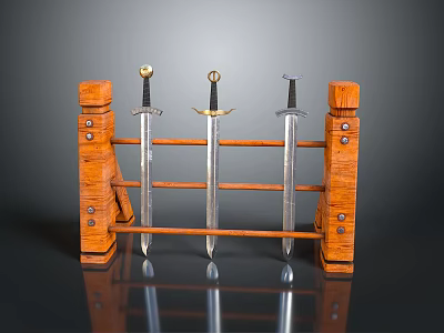 Three Metal Swords Neatly Placed on a Wooden Display Rack 3d model