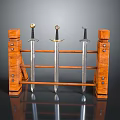 Three Metal Swords Neatly Placed on a Wooden Display Rack