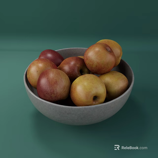 Fresh Ripe Red and Yellow Apples in Gray Bowl on Green Background 3d model 