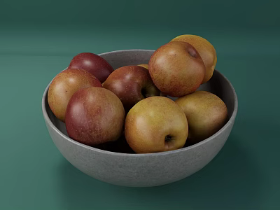 Fresh Ripe Red and Yellow Apples in Gray Bowl on Green Background 3d model