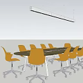 Long Wooden Conference Table With Yellow Office Chairs And Hanging Lights