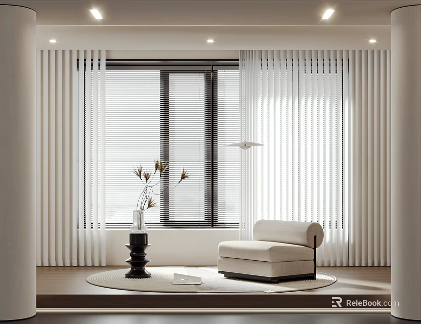White Curtains In Modern Living Room Interior With Window Blinds Sofa And Vase 3d model 