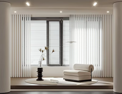 White Curtains In Modern Living Room Interior With Window Blinds Sofa And Vase 3d model