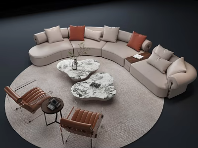 Beige Curved Sofa Set With Orange Cushions And Marble Coffee Tables Brown Leather Chairs 3d model