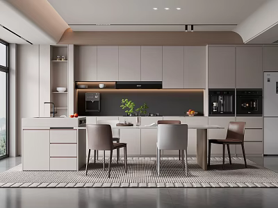 Modern Open Restaurant Kitchen Interior With Island Table Dining Chairs And Gray Cabinets 3d model