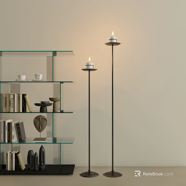 Glass Shelf With Books Cups Decorative Items And Floor Candle Holders In Modern Interior 3d model 