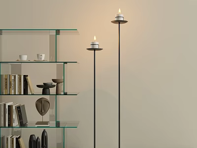 Glass Shelf With Books Cups Decorative Items And Floor Candle Holders In Modern Interior 3d model