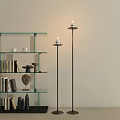 Glass Shelf With Books Cups Decorative Items And Floor Candle Holders In Modern Interior