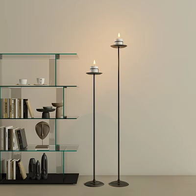 Glass Shelf With Books Cups Decorative Items And Floor Candle Holders In Modern Interior 3d model