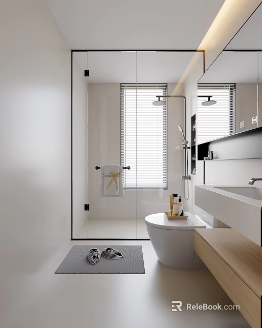Modern Bathroom Interior Design With Glass Shower Toilet Vanity And Blinds 3d model 