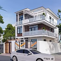 Modern Detached Villa Exterior With Multiple Floors Large Windows Balconies Greenery And Parked Cars