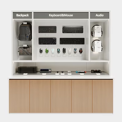 Modern Retail Display Shelf with Backpacks Keyboards Mice and Audio Headphones 3d model