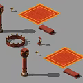 Ornate Red Columns With Decorative Base Square Carpets Steps And Small Statues 3d model