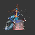 Game Movie Character in Orange Blue Outfit Holding Ball with Glowing Rings and Sparkling Particles
