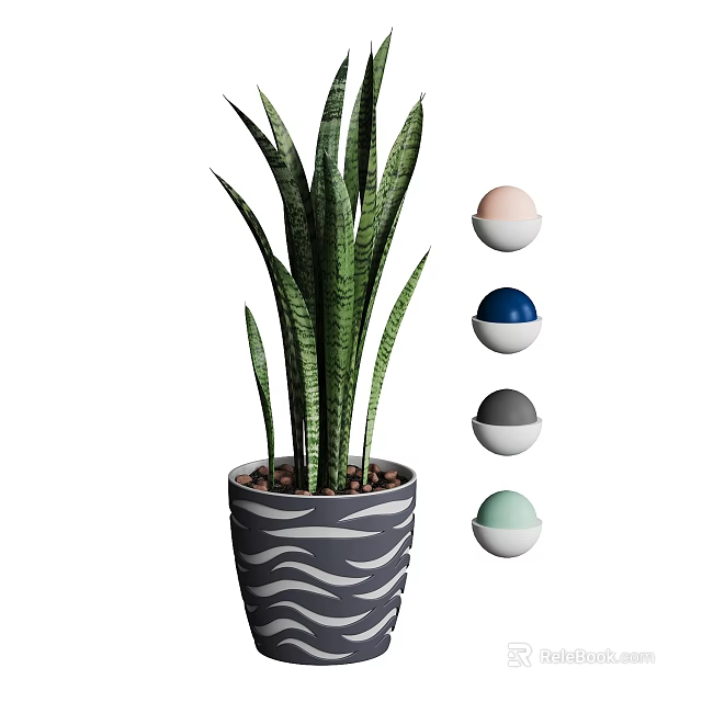 Snake Plant Potted In Wave Patterned Ceramic Pot With Blue Gray Pink Green Decorative Balls 3d model 