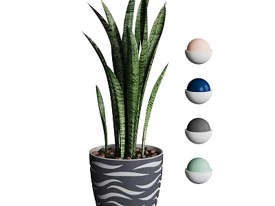 Snake Plant Potted In Wave Patterned Ceramic Pot With Blue Gray Pink Green Decorative Balls 3d model