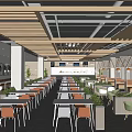 Modern Restaurant Interior Design With Wooden Ceiling Tables Chairs And Green Plants