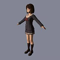 Anime School Girl With Brown Short Hair Dark Coat Red Bow And Plaid Skirt