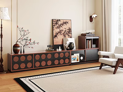 Modern Antique TV Cabinet Antique Decorations Combination Casual Chair Retro Wall Lamp Decorative Painting Carpet 3d model