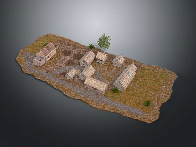 Natural Rural Landscape With Small Houses Dirt Road Green Grass And A Small Tree 3d model