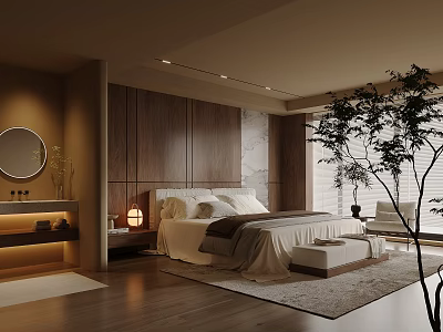 Modern Bedroom Interior With Wooden Headboard Area Rug Round Mirror And Floor Plant 3d model
