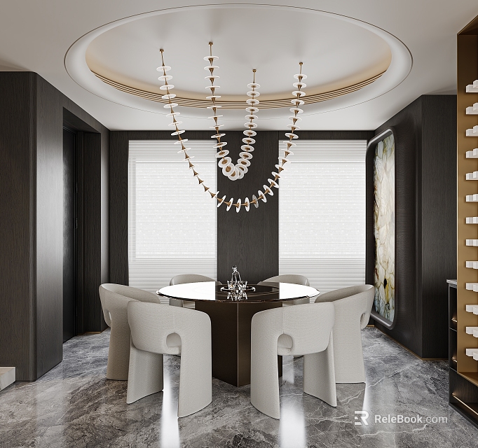Modern Restaurant Interior With Round Dining Table White Chairs And Decorative Chandelier 3d model 