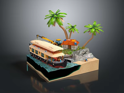 Miniature 3D Scene Model With Palm Trees Small House Boat Excavator And Water 3d model