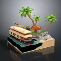 Miniature 3D Scene Model With Palm Trees Small House Boat Excavator And Water
