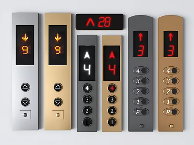 Various Colored Elevator Button Panels With Numeric Keypads Arrows And Display Screen Showing 28 3d model