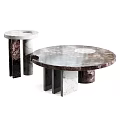 Round Marble Coffee Tables With White And Dark Veined Surface And Modern Geometric Base