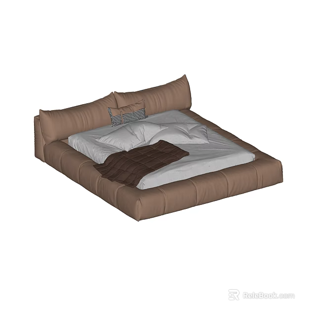Modern Double Bed With Brown Frame White Mattress Pillows And Blanket 3d model 