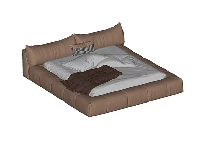 Modern Double Bed With Brown Frame White Mattress Pillows And Blanket 3d model