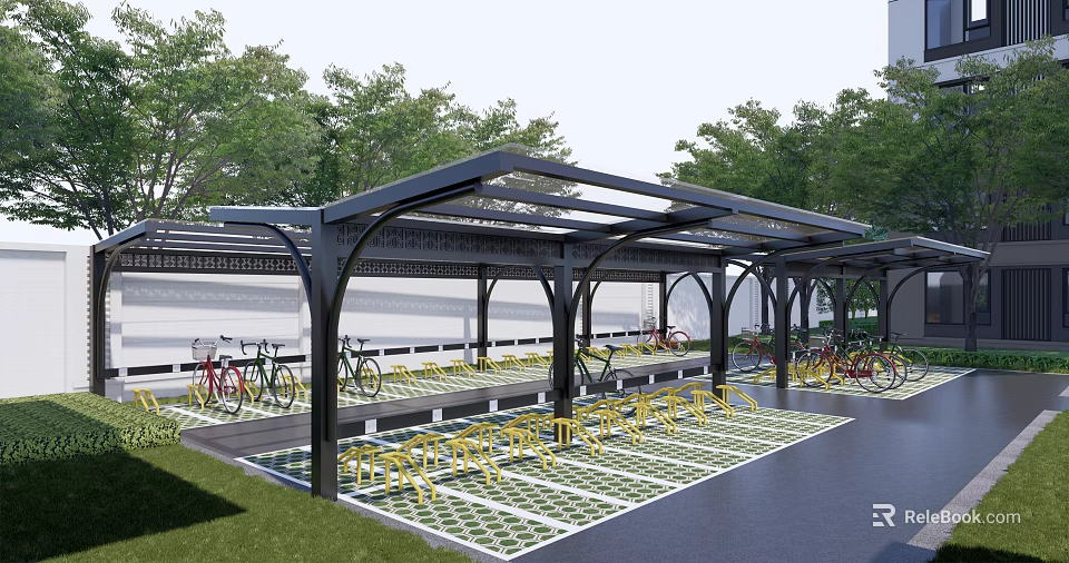 Bicycle Parking Area With Black Metal Canopy Checkerboard Pattern Floor And Surrounding Trees 3d model 