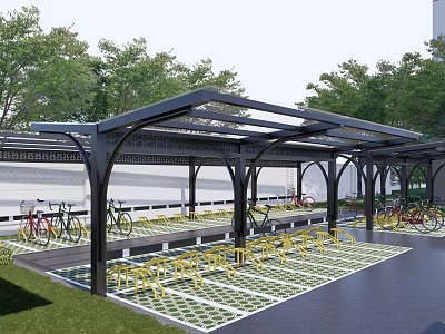 Bicycle Parking Area With Black Metal Canopy Checkerboard Pattern Floor And Surrounding Trees 3d model